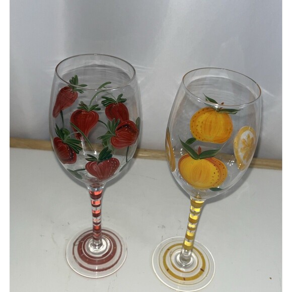 Unbranded Other - 2 Hand Painted Fruit Wine Glasses Strawberry Orange Stripped Pattern Hand-blown